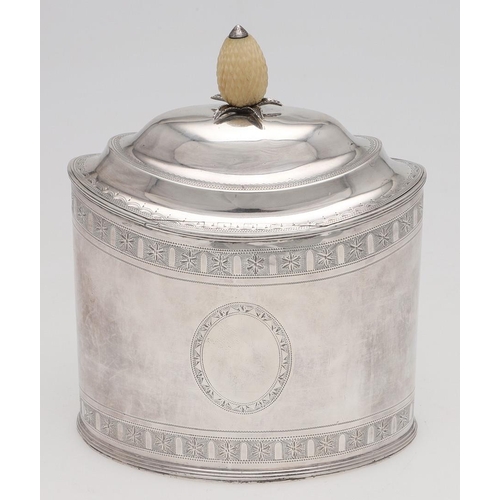 164 - A GEORGE III NAVETTE SHAPED SILVER TEA CADDY. with bright cut engraved decoration, an ivory bud fini... 