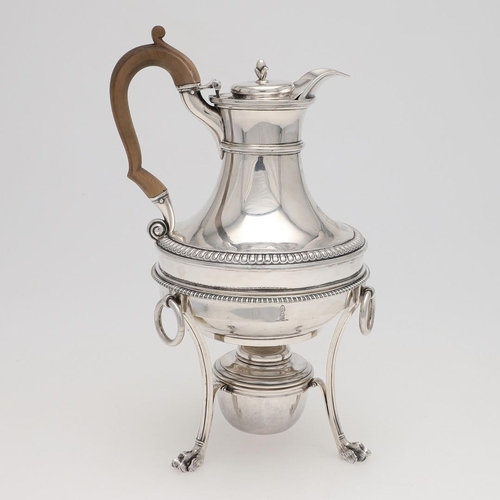 167 - A GEORGE III SILVER COFFEE JUG & MATCHING STAND, BY PAUL STORR. circular form, with a bud finial, a ... 