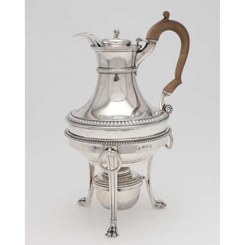 167 - A GEORGE III SILVER COFFEE JUG & MATCHING STAND, BY PAUL STORR. circular form, with a bud finial, a ... 