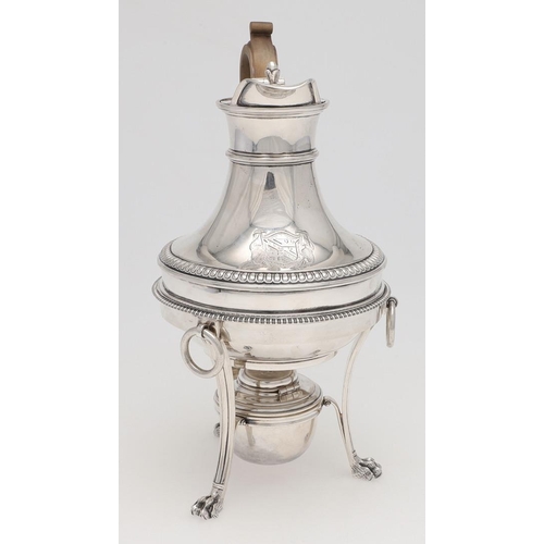 167 - A GEORGE III SILVER COFFEE JUG & MATCHING STAND, BY PAUL STORR. circular form, with a bud finial, a ... 