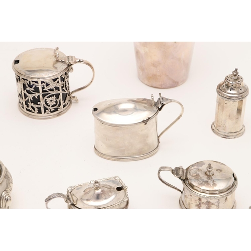 168 - A MIXED LOT OF SILVER. including 4 mustard pots (three with blue glass liners), 3 salt dishes, 3 pep... 