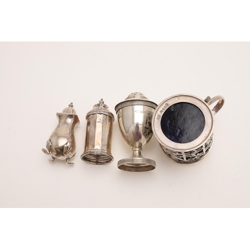 168 - A MIXED LOT OF SILVER. including 4 mustard pots (three with blue glass liners), 3 salt dishes, 3 pep... 