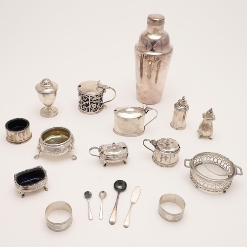 168 - A MIXED LOT OF SILVER. including 4 mustard pots (three with blue glass liners), 3 salt dishes, 3 pep... 