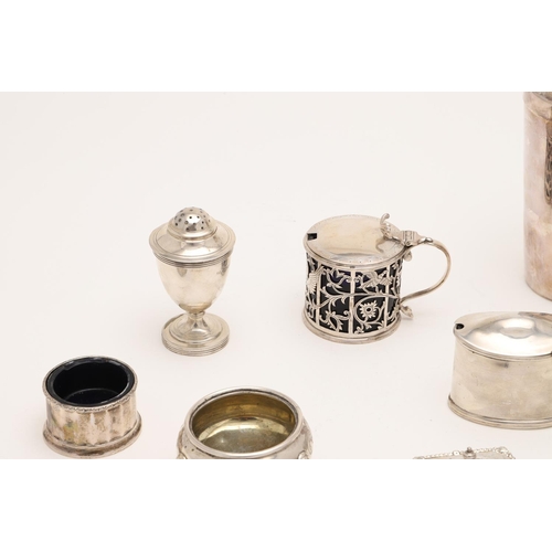 168 - A MIXED LOT OF SILVER. including 4 mustard pots (three with blue glass liners), 3 salt dishes, 3 pep... 