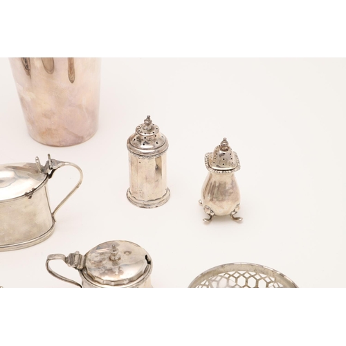 168 - A MIXED LOT OF SILVER. including 4 mustard pots (three with blue glass liners), 3 salt dishes, 3 pep... 