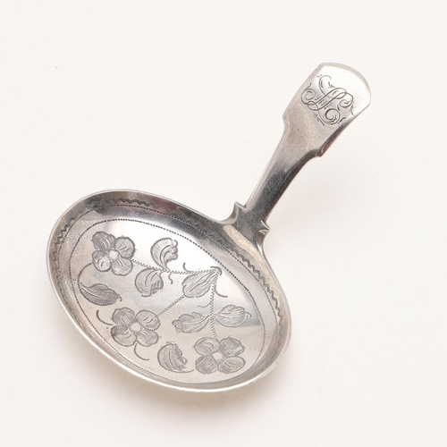 17 - TWO 19TH CENTURY SILVER CADDY SPOONS. a George IV example with a Fiddle stem and a large oval engrav... 