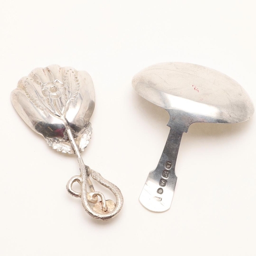 17 - TWO 19TH CENTURY SILVER CADDY SPOONS. a George IV example with a Fiddle stem and a large oval engrav... 