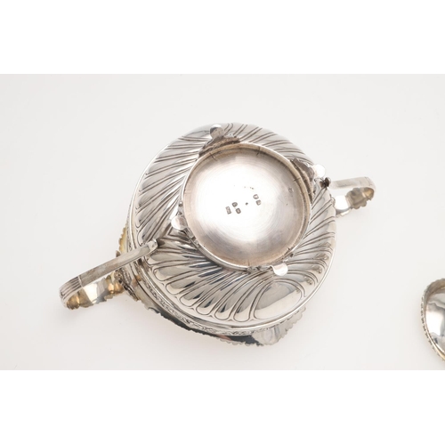 172 - A GEORGE III THREE-PIECE SILVER TEA SET. squat circular form, with gadroon & shell borders, wrythen ... 