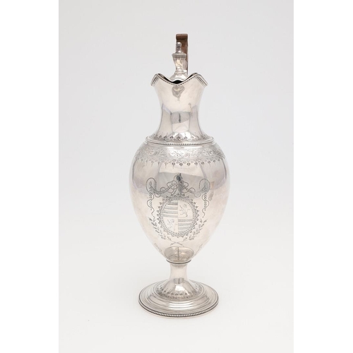 174 - A GEORGE III SILVER WINE JUG & TWO MATCHING GOBLETS, BY HESTER BATEMAN. baluster form, with an urn f... 