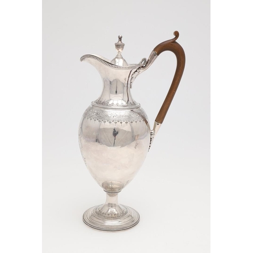 174 - A GEORGE III SILVER WINE JUG & TWO MATCHING GOBLETS, BY HESTER BATEMAN. baluster form, with an urn f... 