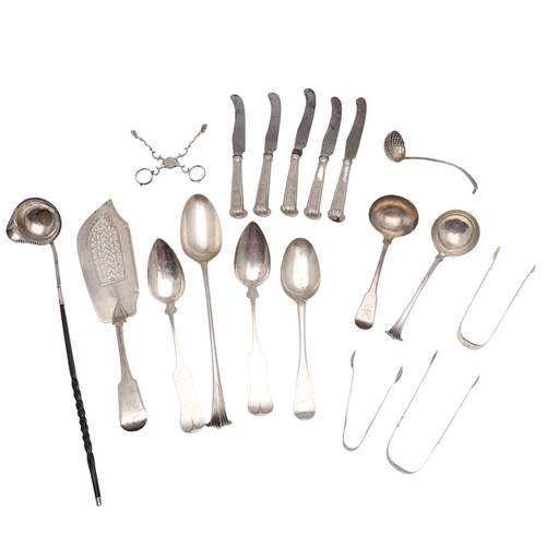 18 - MIXED SILVER FLATWARE & CUTLERY. 5 knives (steel blades), a pair of North American tablespoons, a si... 