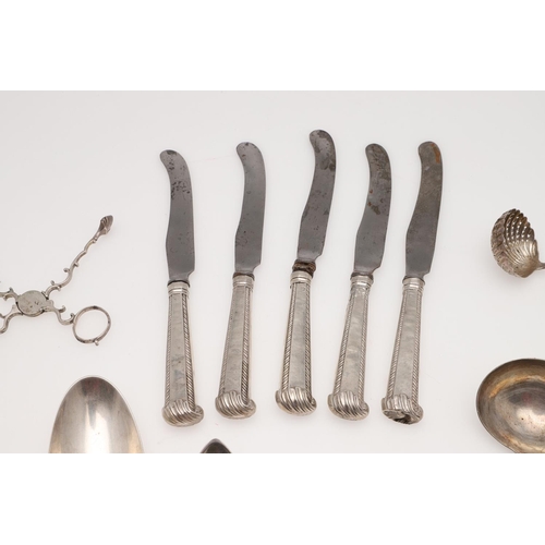 18 - MIXED SILVER FLATWARE & CUTLERY. 5 knives (steel blades), a pair of North American tablespoons, a si... 