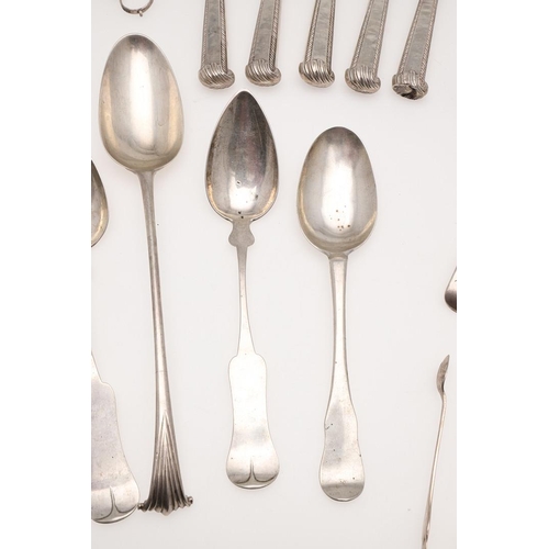 18 - MIXED SILVER FLATWARE & CUTLERY. 5 knives (steel blades), a pair of North American tablespoons, a si... 