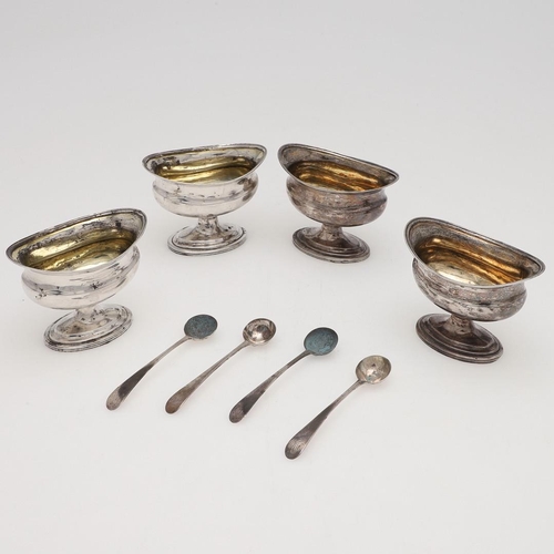 180 - A SET OF FOUR GEORGE III SILVER SALTS. on oval pedestal bases, with reeded borders and navette-shape... 