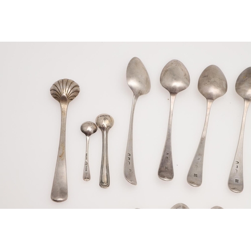 19 - MIXED SILVER TEASPOONS & CONDIMENT SPOONS. including a George III set of 6 teaspoons, by Peter, Ann ... 