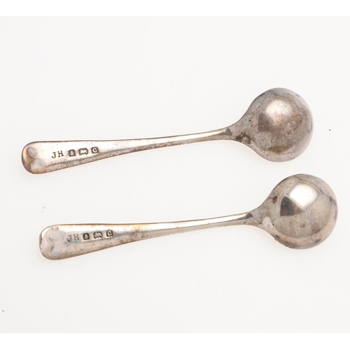 191 - A CASED PAIR OF SILVER SALTS & MATCHING SPOONS. in the form of sauce boats, initialled on one side 