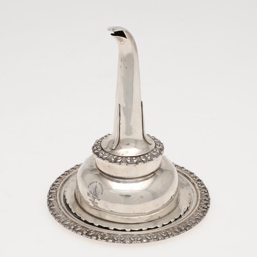 195 - A GEORGE IV SCOTTISH SILVER WINE FUNNEL. with a foliate border, a ribbed spout and a shell side clip... 