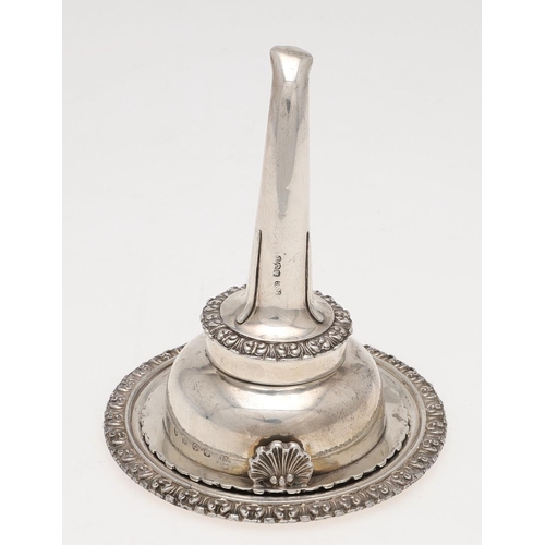 195 - A GEORGE IV SCOTTISH SILVER WINE FUNNEL. with a foliate border, a ribbed spout and a shell side clip... 