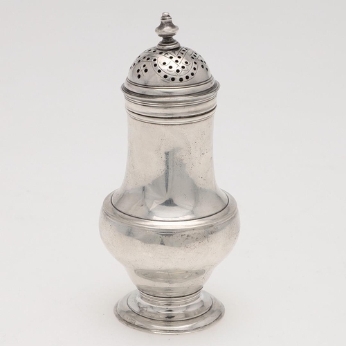 198 - A GEORGE II BALUSTER SILVER PEPPER CASTER. the bun top with a knop finial, the base with scratched i... 