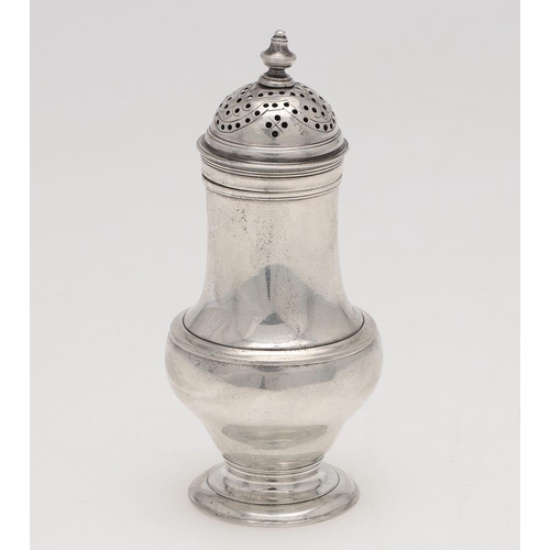 198 - A GEORGE II BALUSTER SILVER PEPPER CASTER. the bun top with a knop finial, the base with scratched i... 