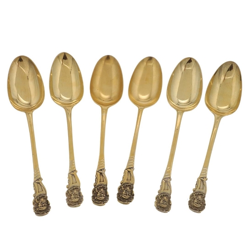 20 - SIX 18TH CENTURY SILVERGILT TABLESPOONS. with mask terminals & later gilding, by 5 different makers,... 