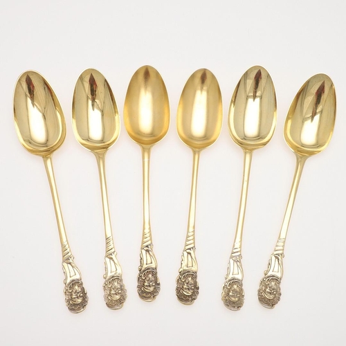 20 - SIX 18TH CENTURY SILVERGILT TABLESPOONS. with mask terminals & later gilding, by 5 different makers,... 