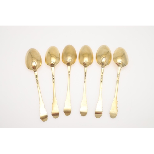 20 - SIX 18TH CENTURY SILVERGILT TABLESPOONS. with mask terminals & later gilding, by 5 different makers,... 