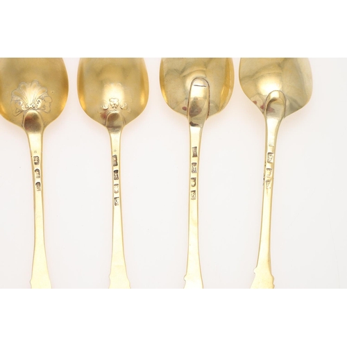 20 - SIX 18TH CENTURY SILVERGILT TABLESPOONS. with mask terminals & later gilding, by 5 different makers,... 