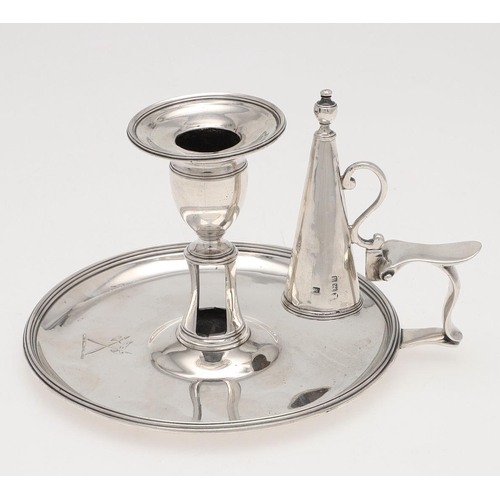 200 - A GEORGE III SILVER CHAMBERSTICK. circular, with reeded borders, a detachable nozzle & conical snuff... 