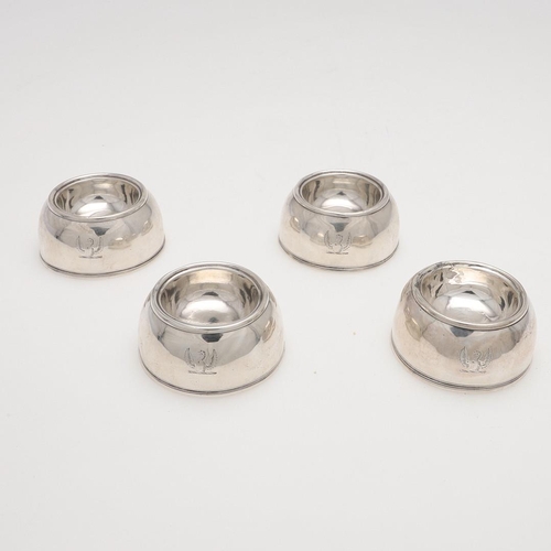 201 - A SET OF FOUR GEORGE I SILVER TRENCHER SALTS. circular, the bases initialled 