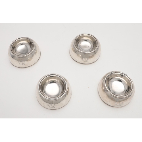 201 - A SET OF FOUR GEORGE I SILVER TRENCHER SALTS. circular, the bases initialled 