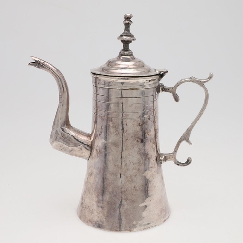 205 - A CONTINENTAL SILVER COFFEE POT. tapering circular form, with a scroll handle & an angular spout, pr... 