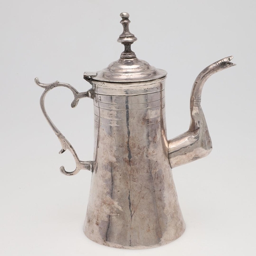 205 - A CONTINENTAL SILVER COFFEE POT. tapering circular form, with a scroll handle & an angular spout, pr... 