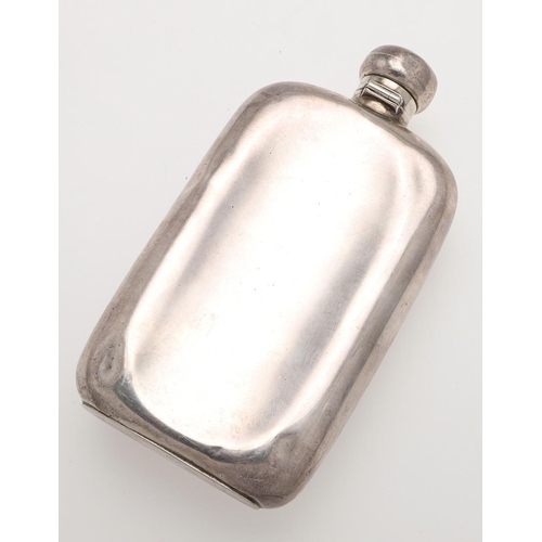 207 - AN EDWARDIAN SILVER SPIRIT FLASK. rectangular with rounded corners, with a screw-off cover, the fron... 