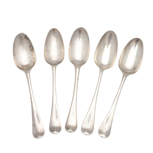 21 - FIVE 18TH CENTURY HANOVERIAN PATTERN SILVER TABLE SPOONS. two by Ebenezer Coker, London 1747/48, ano... 