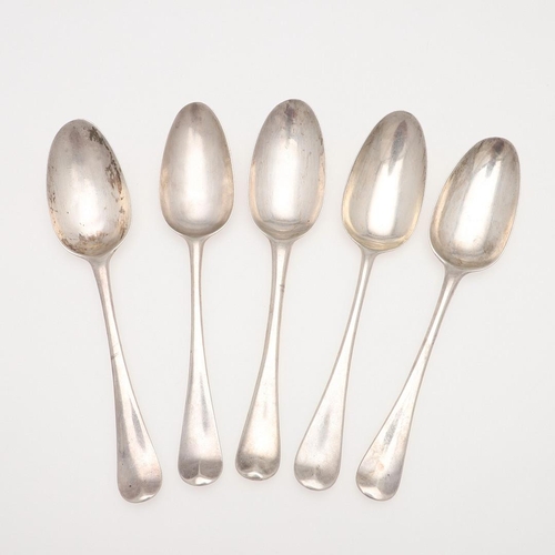 21 - FIVE 18TH CENTURY HANOVERIAN PATTERN SILVER TABLE SPOONS. two by Ebenezer Coker, London 1747/48, ano... 