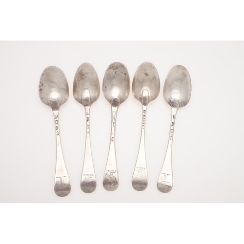 21 - FIVE 18TH CENTURY HANOVERIAN PATTERN SILVER TABLE SPOONS. two by Ebenezer Coker, London 1747/48, ano... 