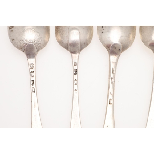 21 - FIVE 18TH CENTURY HANOVERIAN PATTERN SILVER TABLE SPOONS. two by Ebenezer Coker, London 1747/48, ano... 