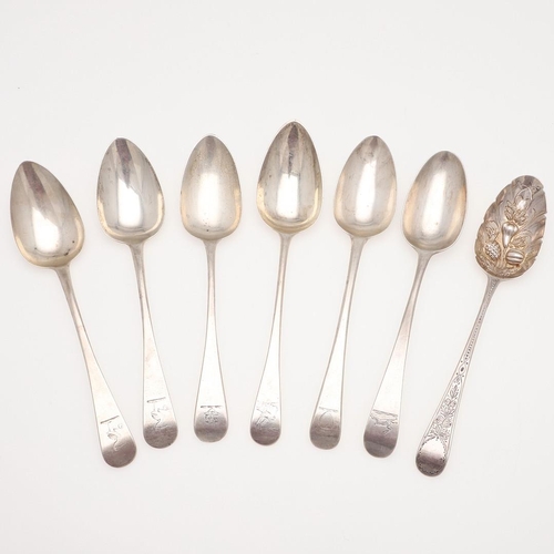 22 - SIX GEORGE III OLD ENGLISH PATTERN SILVER TABLE SPOONS. a pair of West-Country provincial spoons, by... 