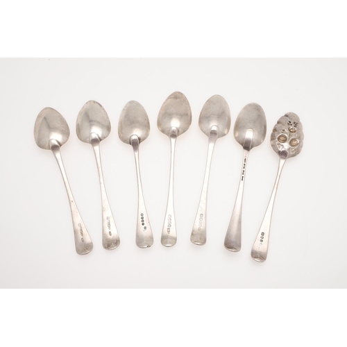 22 - SIX GEORGE III OLD ENGLISH PATTERN SILVER TABLE SPOONS. a pair of West-Country provincial spoons, by... 