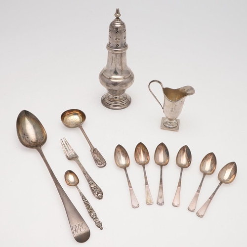 221 - A MIXED LOT OF SILVER. including a George III basting or serving spoon, initialled, by Peter, Ann & ... 