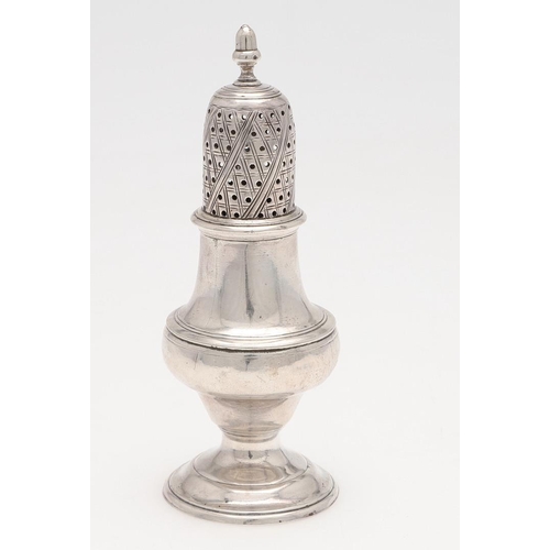 224 - A GEORGE III SILVER PEPPER CASTER, BY HESTER BATEMAN. with an acorn finial, on a circular foot and i... 