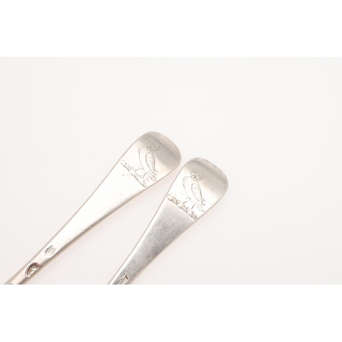 23 - A PAIR OF GEORGE I HANOVERIAN PATTERN SILVER TABLE SPOONS. with a moulded rattail, crested on the ba... 