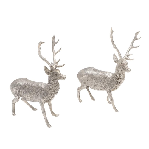 237 - A PAIR OF CONTEMPORARY SILVER FIGURES OF STANDING STAGS. makers mark 