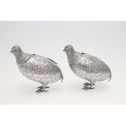 238 - A PAIR OF LATE 19TH/ EARLY 20TH CENTURY CONTINENTAL SILVER TABLE DECORATIONS. in the form of partrid... 