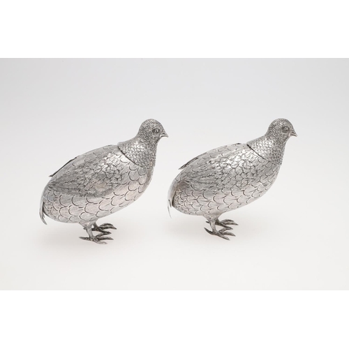 238 - A PAIR OF LATE 19TH/ EARLY 20TH CENTURY CONTINENTAL SILVER TABLE DECORATIONS. in the form of partrid... 