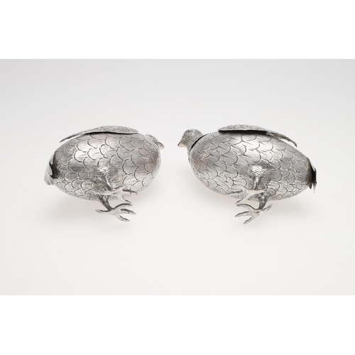 238 - A PAIR OF LATE 19TH/ EARLY 20TH CENTURY CONTINENTAL SILVER TABLE DECORATIONS. in the form of partrid... 