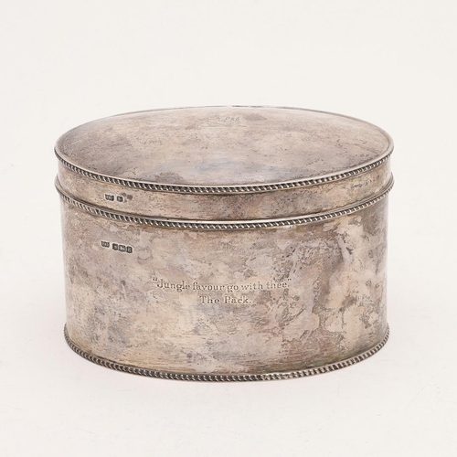 240 - A GEORGE V SILVER TEA CADDY. of oval form, with gadrooned borders and inscribed on the front 