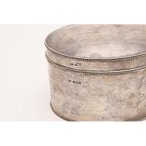 240 - A GEORGE V SILVER TEA CADDY. of oval form, with gadrooned borders and inscribed on the front 