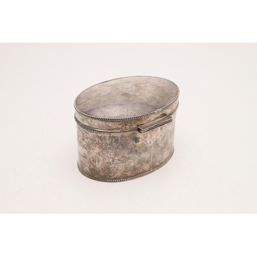 240 - A GEORGE V SILVER TEA CADDY. of oval form, with gadrooned borders and inscribed on the front 